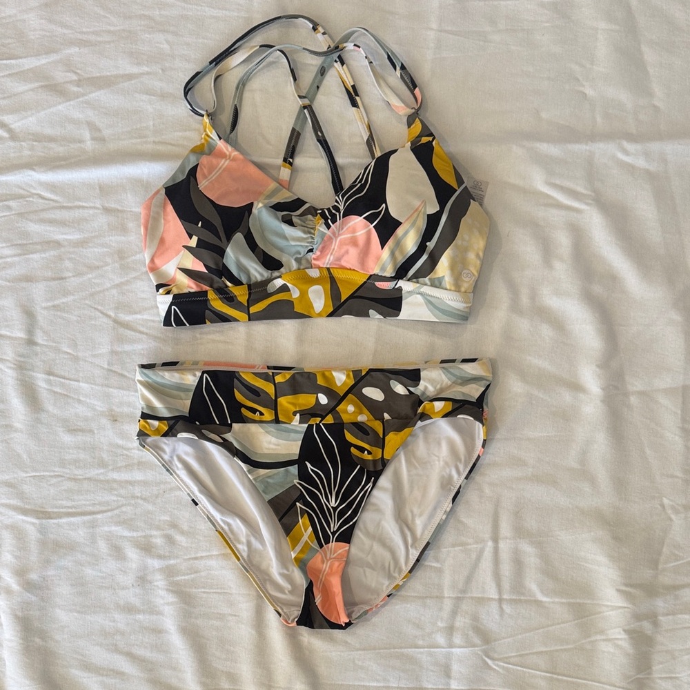 Abstract Floral Two-Piece Bikini - Black, Mustard & Peach